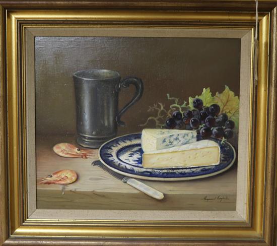 Raymond Campbell, oil on panel, Still life of prawns and cheese on a table top, signed, 29 x 34cm